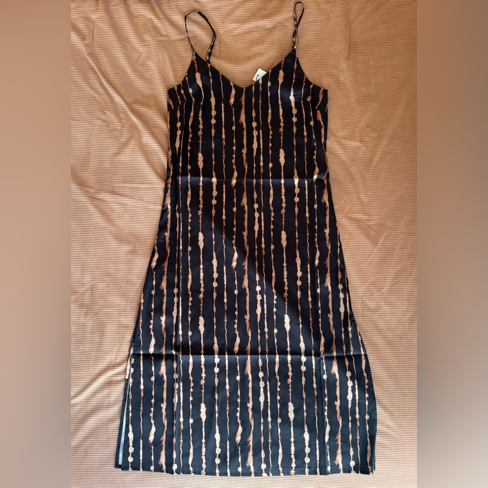 The Drop Black Slip Midi Dress with Beige Stripe Detail